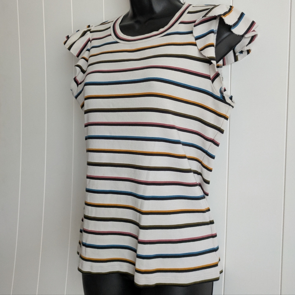 Veronica Beard Jeans Priscilla Striped Ruffle-Sleeve Top, Medium - Picture 3 of 7